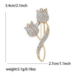 Broche tulipe élégante en or avec strass blancs, taille 5,4cm x 2,7cm, accessoire de luxe chic