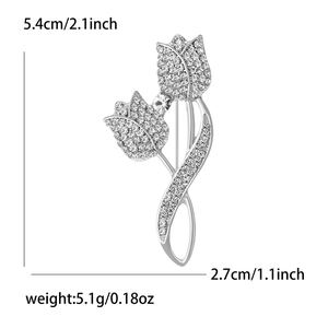Broche tulipe élégante en argent avec cristaux, dimensions détaillées 5,4cm x 2,7cm