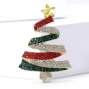 Elegant Christmas tree brooch with red and green rhinestones on golden metal base