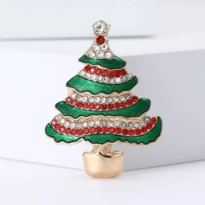 Spilla classica a forma di albero di Natale verde con strass colorati e oro