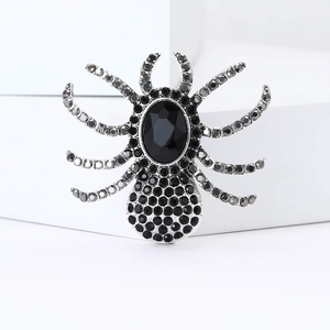 Macro detail of high-end vintage spider brooch with black rhinestones on white stone base