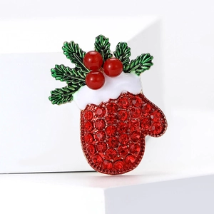 Christmas red mitten brooch with sparkling rhinestones and green holly leaf accents