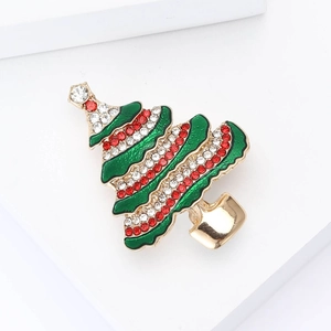 Elegante spilla a forma di albero di Natale con smalto verde e strass rossi e bianchi