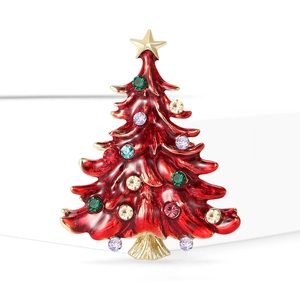 Exquisite red enamel Christmas tree brooch with colorful rhinestones and gold star