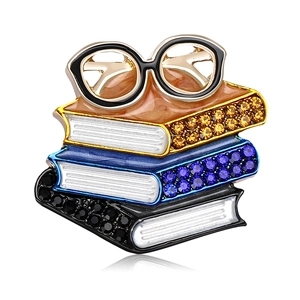 Emaille-Brosche in Buch- und Brillenform mit bunten Strasssteinen im Vintage-Stil