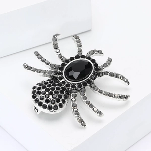 Gothic silver spider brooch with black rhinestones and large oval crystal for men's suits
