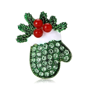 Christmas Mitten Brooch Alloy Rhinestone Artificial Pearl Pin Red Green Holiday Mitten Jewelry For Women Coat Accessories