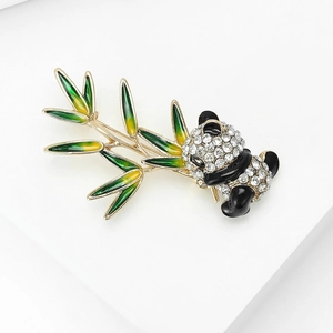 Chinese panda and bamboo brooch with gold finish, crystals and colorful enamel details