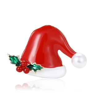 Mode Legierung Emaille Weihnachtsmütze Brosche Mit Kunstperle Stechpalmenblatt Beeren Design Süße Festliche Anstecknadel Schmuck