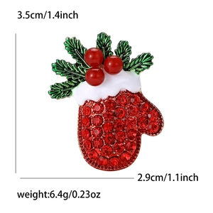 Christmas mitten brooch with red rhinestones and green leaves, size 3.5cm by 2.9cm