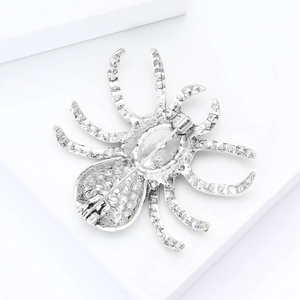 Detailed back view of a silver alloy spider brooch showing secure pin fastener texture