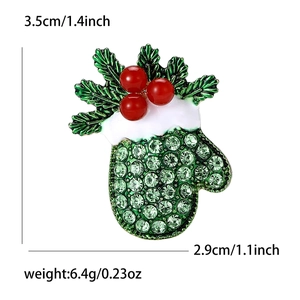 Christmas glove brooch with green rhinestones and red pearls for suits and coats