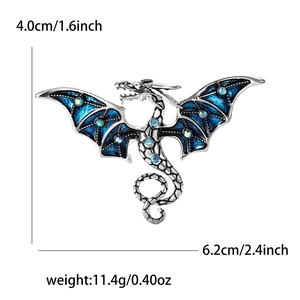 Élégante broche dragon avec ailes en émail bleu et strass colorés brillants