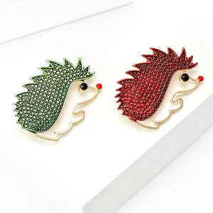 Creative hedgehog brooches in green and red with gold plating and colorful crystals