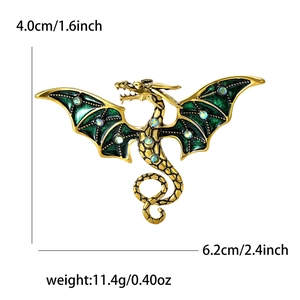 Broche dragon doré avec ailes en émail vert et strass pour costumes, taille 6,2cm x 4,0cm