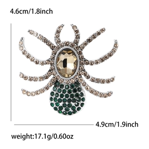 Spider brooch with champagne crystal and green rhinestones, 4.6cm x 4.9cm silver insect pin