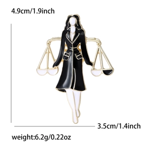Lawyer lady enamel brooch with scales of justice design for suits, 4.9cm height