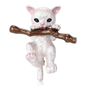 Cute enamel white cat climbing a brown branch brooch pin with detailed alloy finish