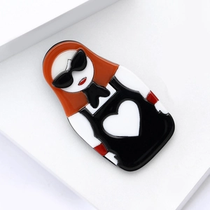 Fashionable acrylic cartoon girl brooch with orange hair and sunglasses for women's clothing