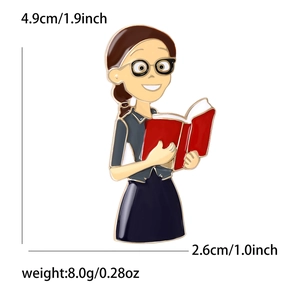 Cartoon Lehrerin Emaille Brosche mit rotem Buch und Brille, 4,9 cm Mode Anstecknadel