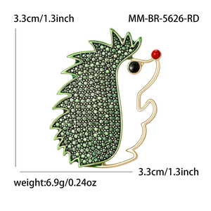 Creative hedgehog brooch with green enamel spikes and red nose, size 3.3cm gold alloy pin