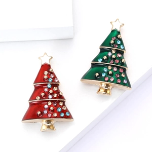 Enamel Christmas tree brooches with colorful rhinestones in red and green alloy finish