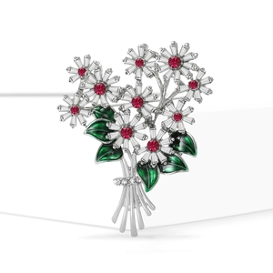 Elegant daisy bouquet brooch featuring clear zircons, red gems, and green enamel leaves