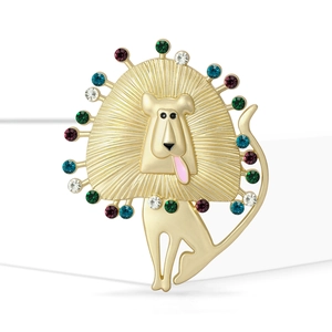 Matte gold lion brooch with colorful rhinestones and enamel tongue for women clothes