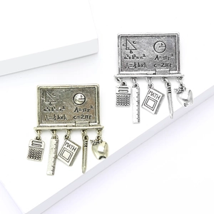 Creative math teacher brooch with blackboard and stationery charms in gold and silver