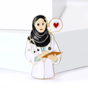 Cartoon Muslim woman doctor enamel pin badge with hijab and stethoscope accessory