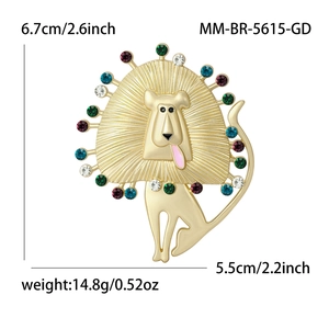 Golden lion brooch with colorful rhinestones and size details, 6.7cm x 5.5cm