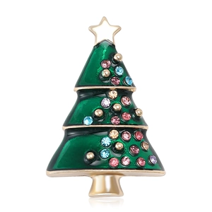 Exquisite Christmas tree brooch with green enamel and multi-colored rhinestones on gold base