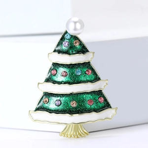 Fashionable Christmas tree brooch with colorful rhinestones and white pearl on gold alloy