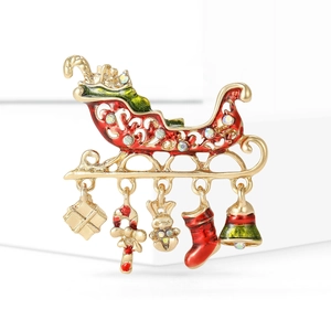 Enamel Christmas Sleigh Brooch with Rhinestones and Festive Charms on Gold Alloy