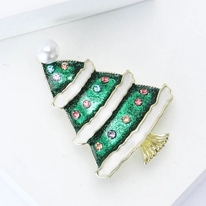 Sparkling green enamel Christmas tree brooch with colorful rhinestones and white pearl