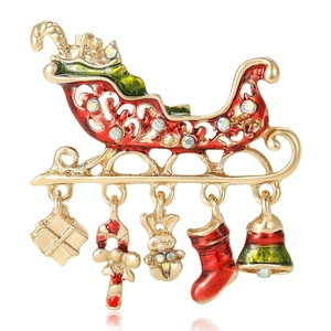 Alloy Enamel Christmas Sleigh Brooch For Women Rhinestone Dangling Charms Bell Sock Reindeer Festive Holiday Jewelry Pin