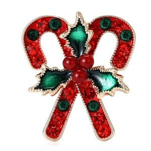 Spilla Natalizia in Lega a Forma di Bastoncino di Zucchero Con Fiocco in Strass Rosso Verde Foglia di Agrifoglio Gioielli Donna