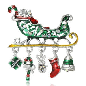 Christmas sleigh brooch with colorful enamel charms and rhinestones on silver base