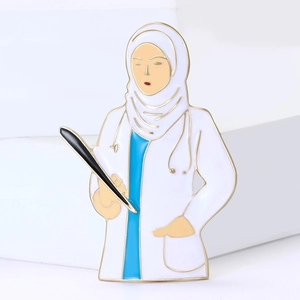 Creative Muslim female doctor enamel pin badge with stethoscope and white lab coat