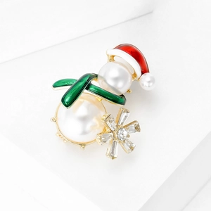 Broche de bonhomme de neige de Noël avec perles, bonnet rouge et flocon de neige brillant