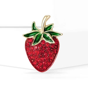 Fashion Alloy Rhinestone Strawberry Brooch For Women Exquisite Green Enamel Fruit Pin Suit Cardigan Accessory Jewelry