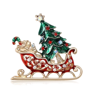 Christmas Sled Tree Brooch Alloy Enamel Rhinestone Festive Jewelry Gift For Women Sparkling Holiday Breastpin Accessory