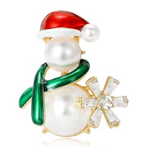 Cute Christmas Snowman Artificial Pearl Brooch Red Hat Green Scarf Zirconia Snowflake Alloy Pin For Women Men Festive Jewelry Gift