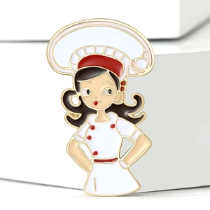 Cute female chef enamel brooch with white hat and uniform, creative profession pin gift