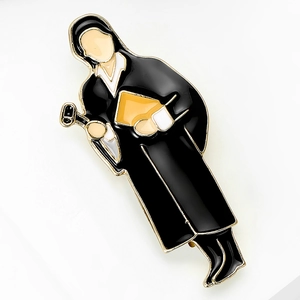Enamel legal professional brooch featuring a lawyer in black robes with golden gavel