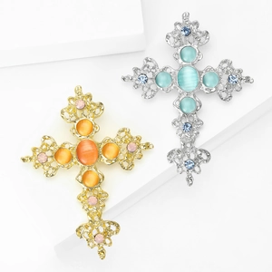 Broches croix vintage en alliage avec strass et pierres œil-de-chat or et argent