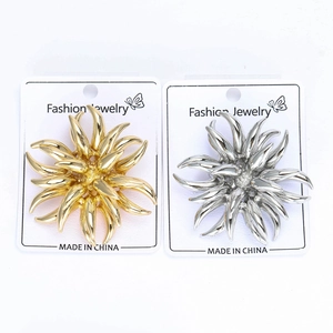 Detailed view of alloy sunburst brooches in gold and silver finish on display cards