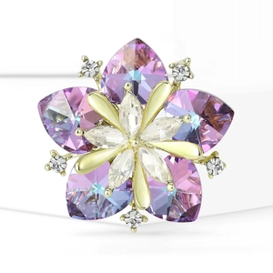 Exquisite luxury sunflower brooch with purple heart crystals and gold plating