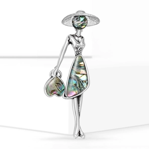 Élégante Broche Figure de Dame avec Incrustation de Coquille d'Abalone Alliage Ton Argent Broche de Mode pour Costumes Manteaux Bijoux Femme