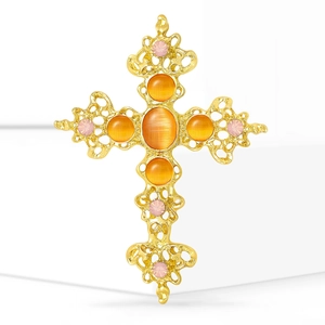 Broche croix dorée exquise avec pierres œil de chat orange et strass pour costumes